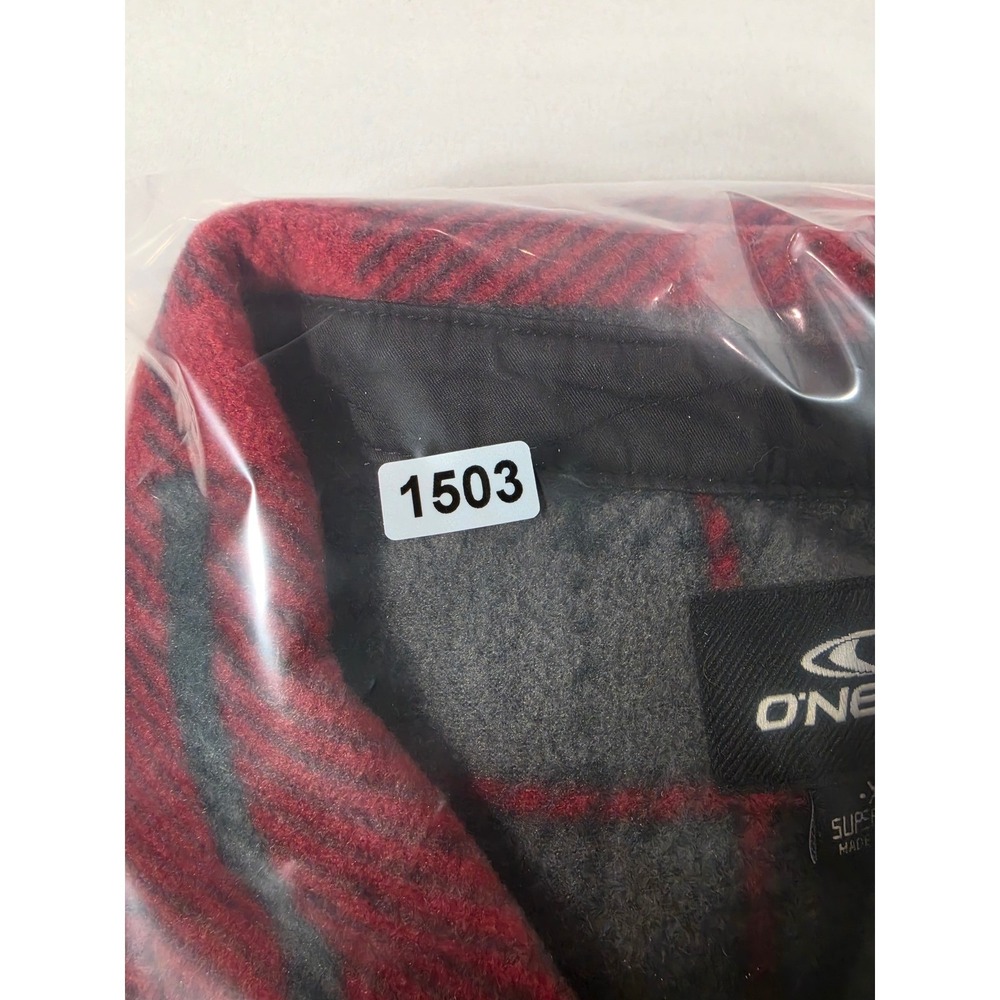 O'Neill SuperFleece Mens XL Red Grey Plaid Button Front Flannel Shirt Jacket - Picture 7 of 7